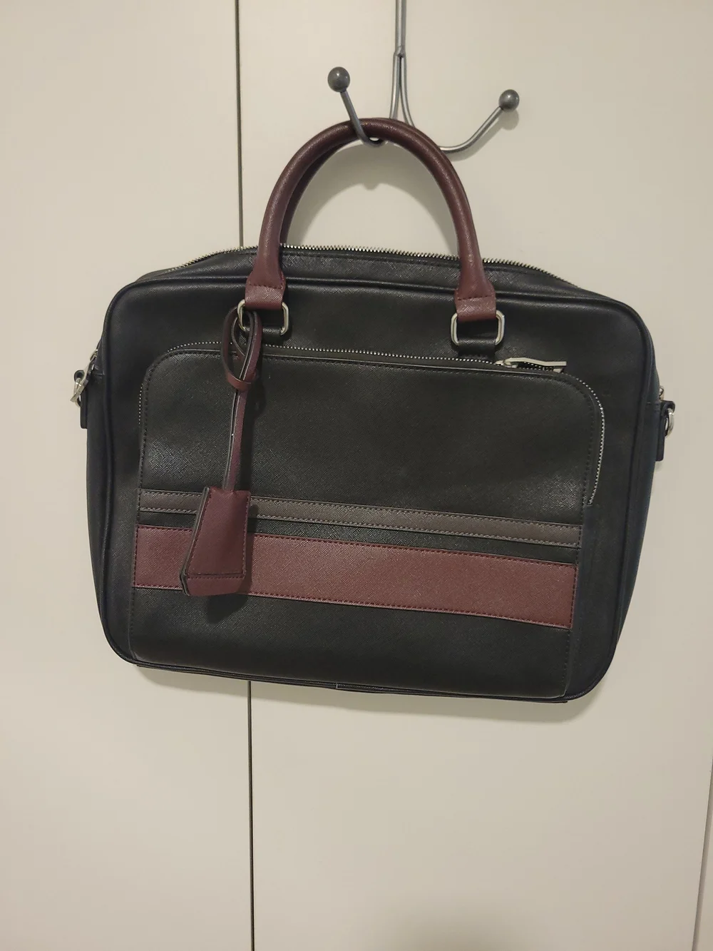 Black and Burgundy Leather Laptop Briefcase - Professional Carry